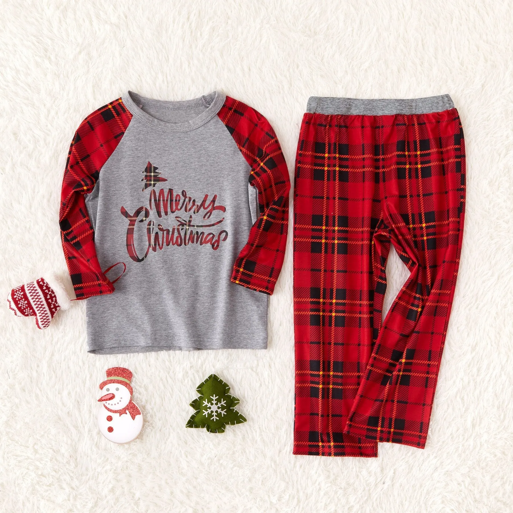 ' Merry Christmas ' Top and Plaid Pants Family Matching Pajamas Set
