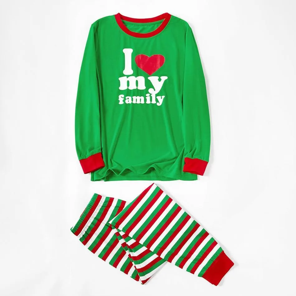 Christmas Family Matching ' I Love My Family ' Striped Pajamas Set