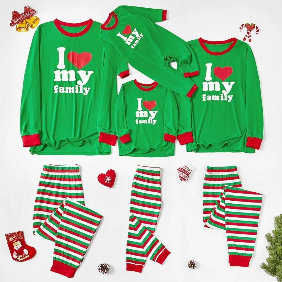 Christmas Family Matching ' I Love My Family ' Striped Pajamas Set