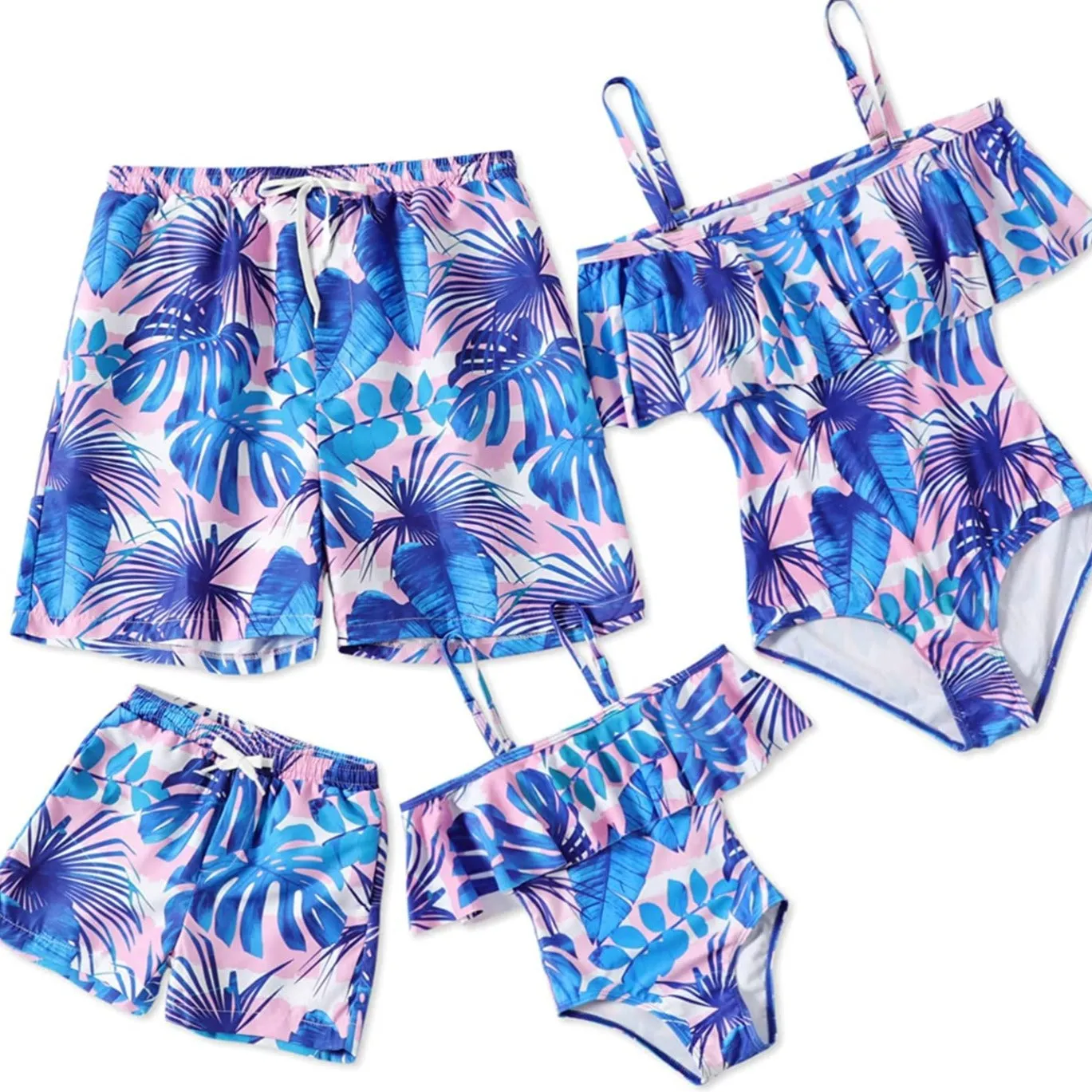 Family Matching Off Shoulder Floral Printed Ruffles Swimsuits