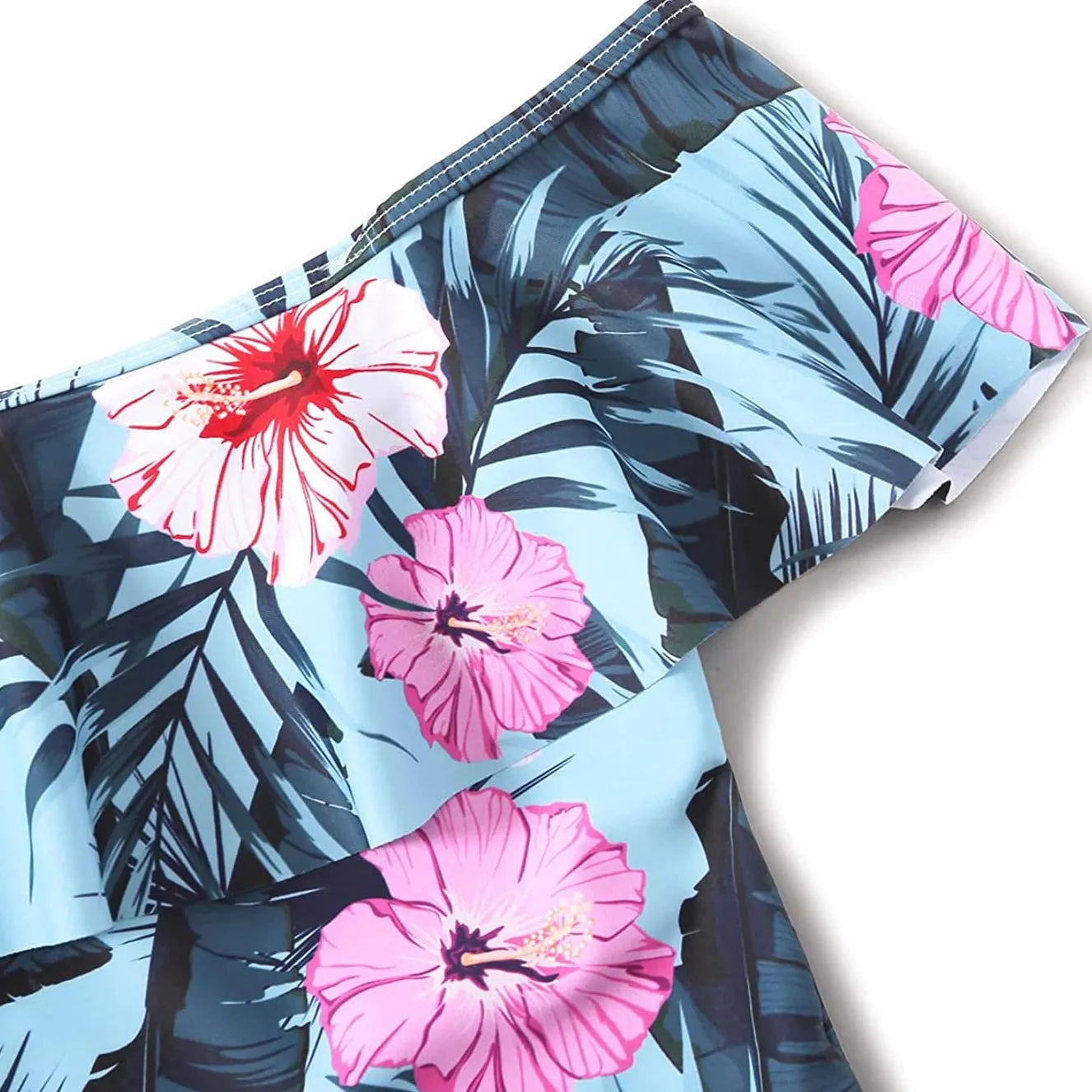 Family Matching Off Shoulder Floral Printed Ruffles Swimsuits