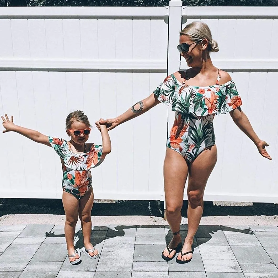 Family Matching Off Shoulder Floral Printed Ruffles Swimsuits