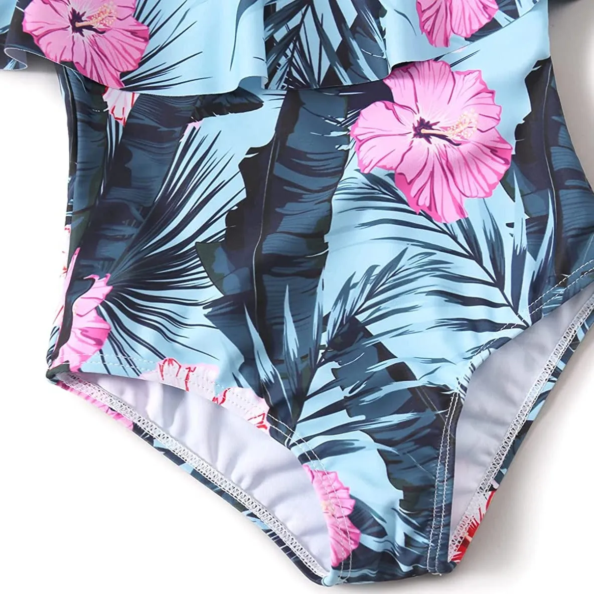 Family Matching Off Shoulder Floral Printed Ruffles Swimsuits