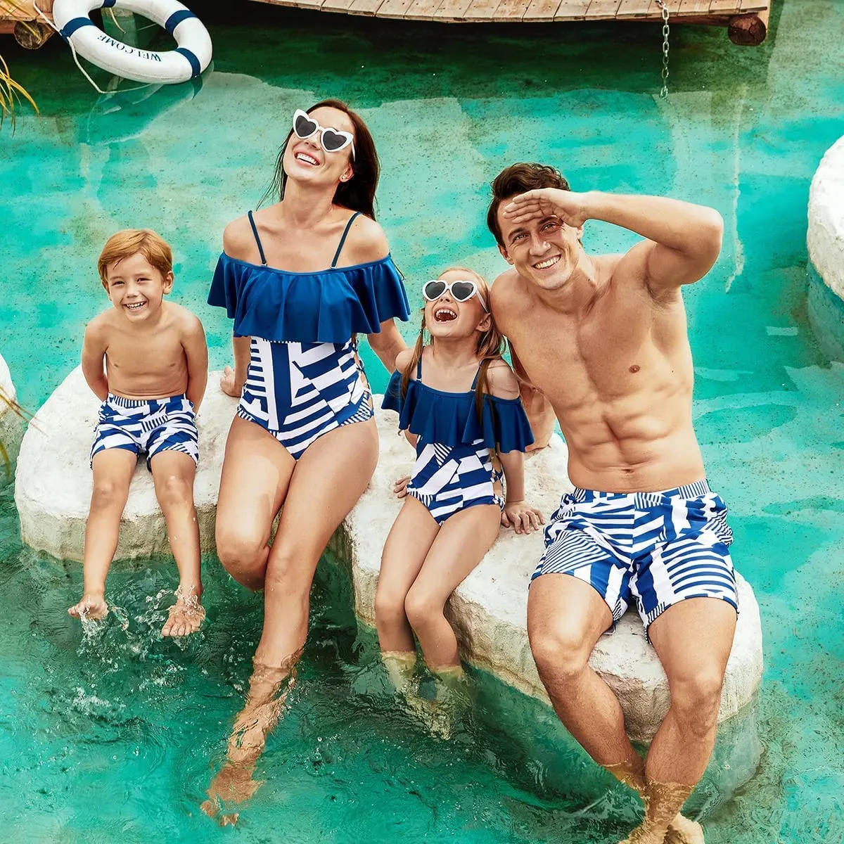 Family Matching Off Shoulder Floral Printed Ruffles Swimsuits
