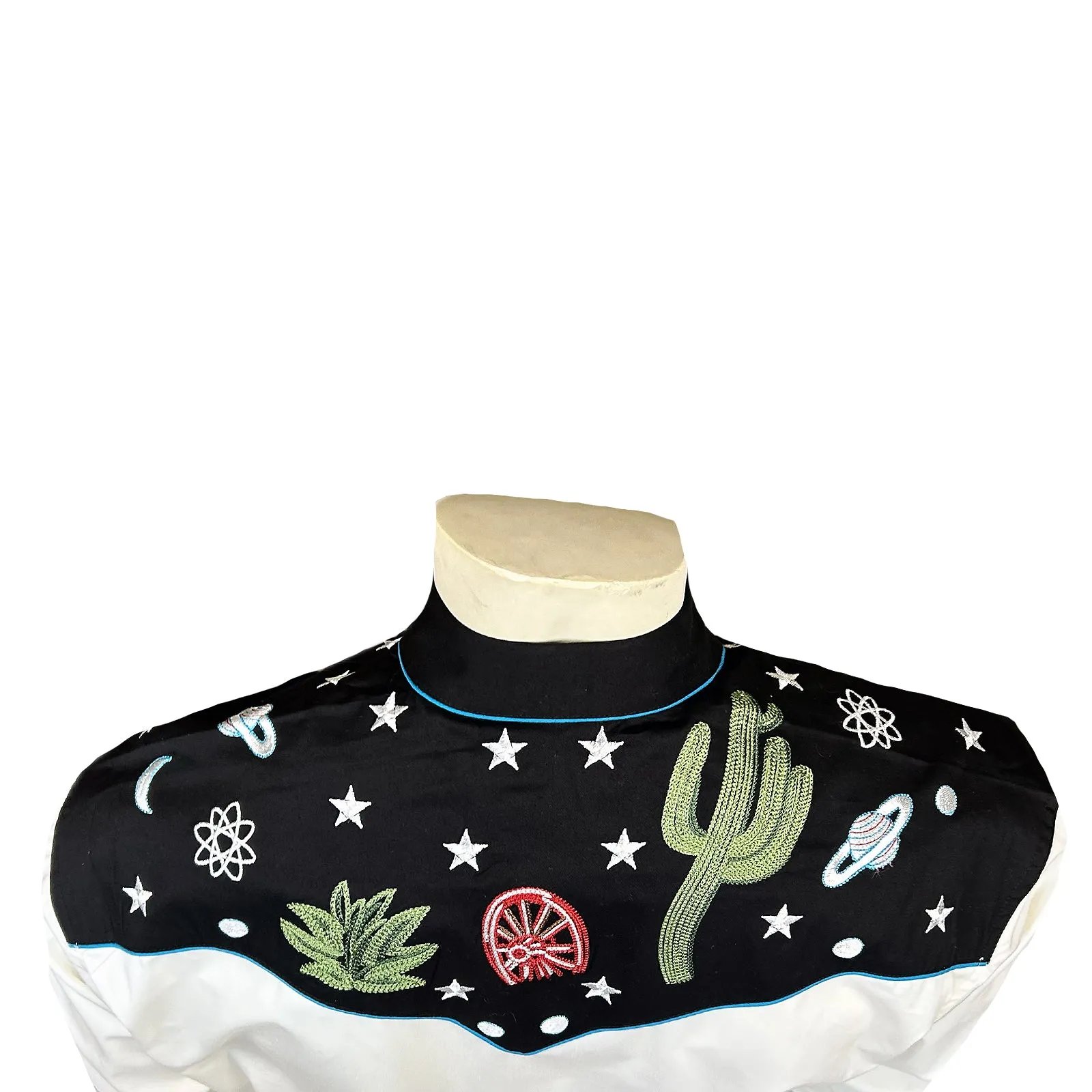 Men's Vintage Black Cactus & Stars Chain Stitch Embroidered Western Shirt