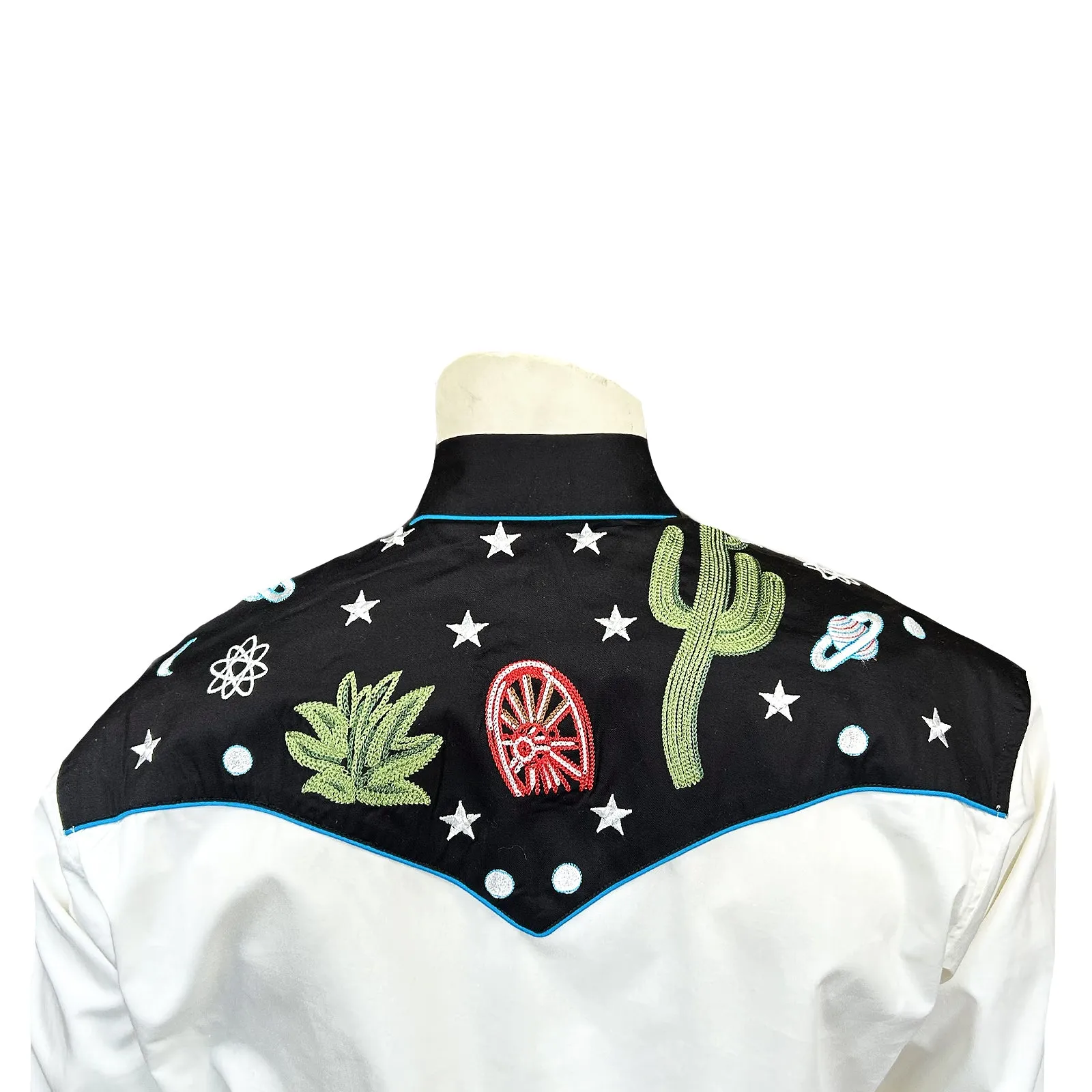 Men's Vintage Black Cactus & Stars Chain Stitch Embroidered Western Shirt