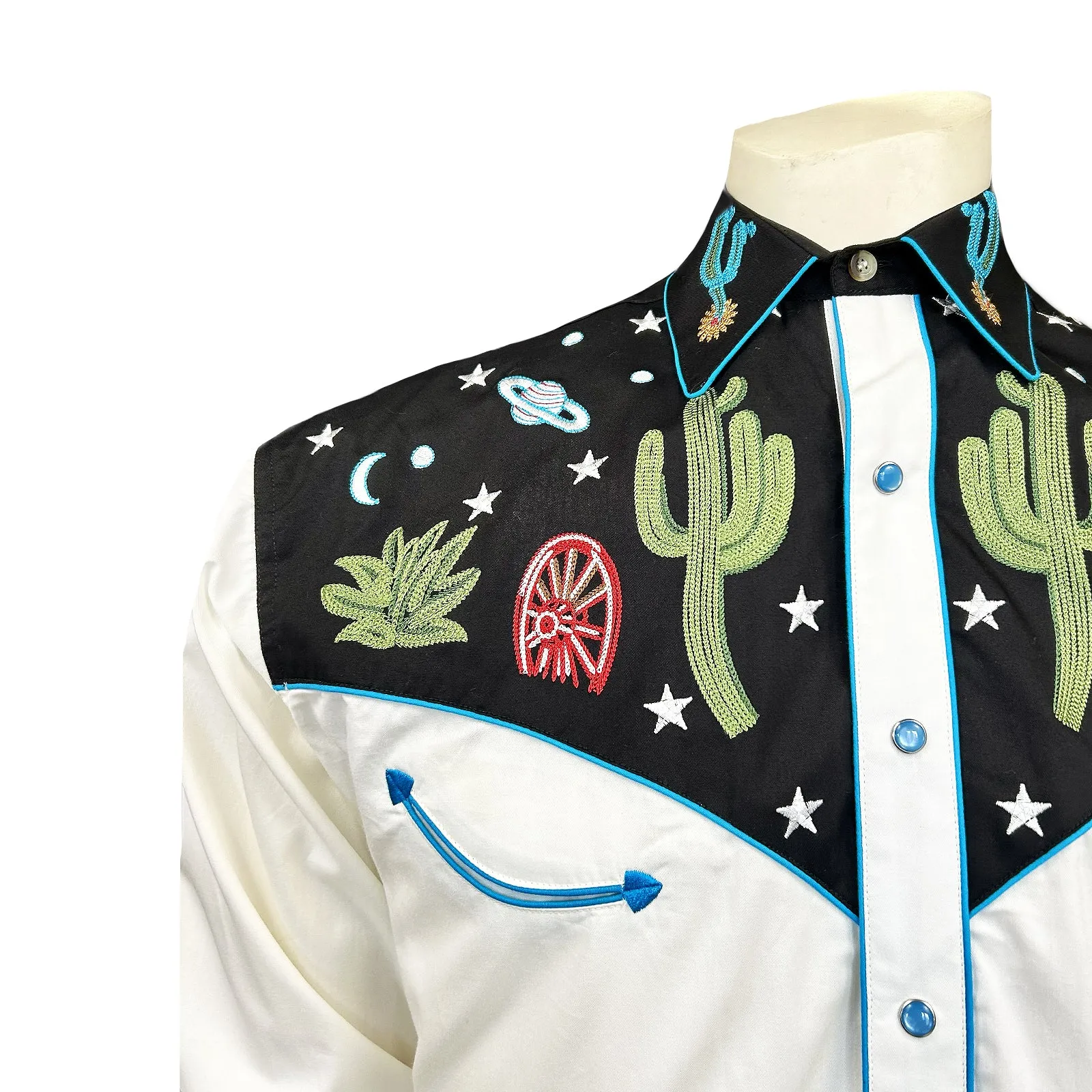 Men's Vintage Black Cactus & Stars Chain Stitch Embroidered Western Shirt