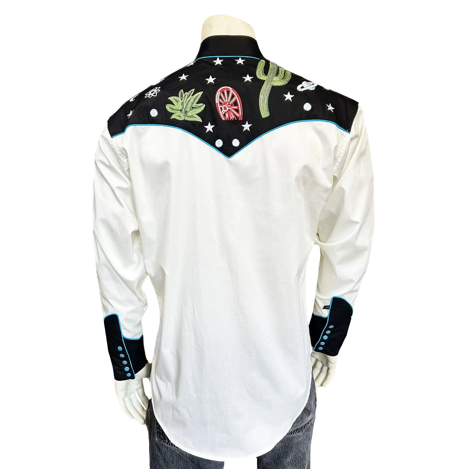 Men's Vintage Black Cactus & Stars Chain Stitch Embroidered Western Shirt