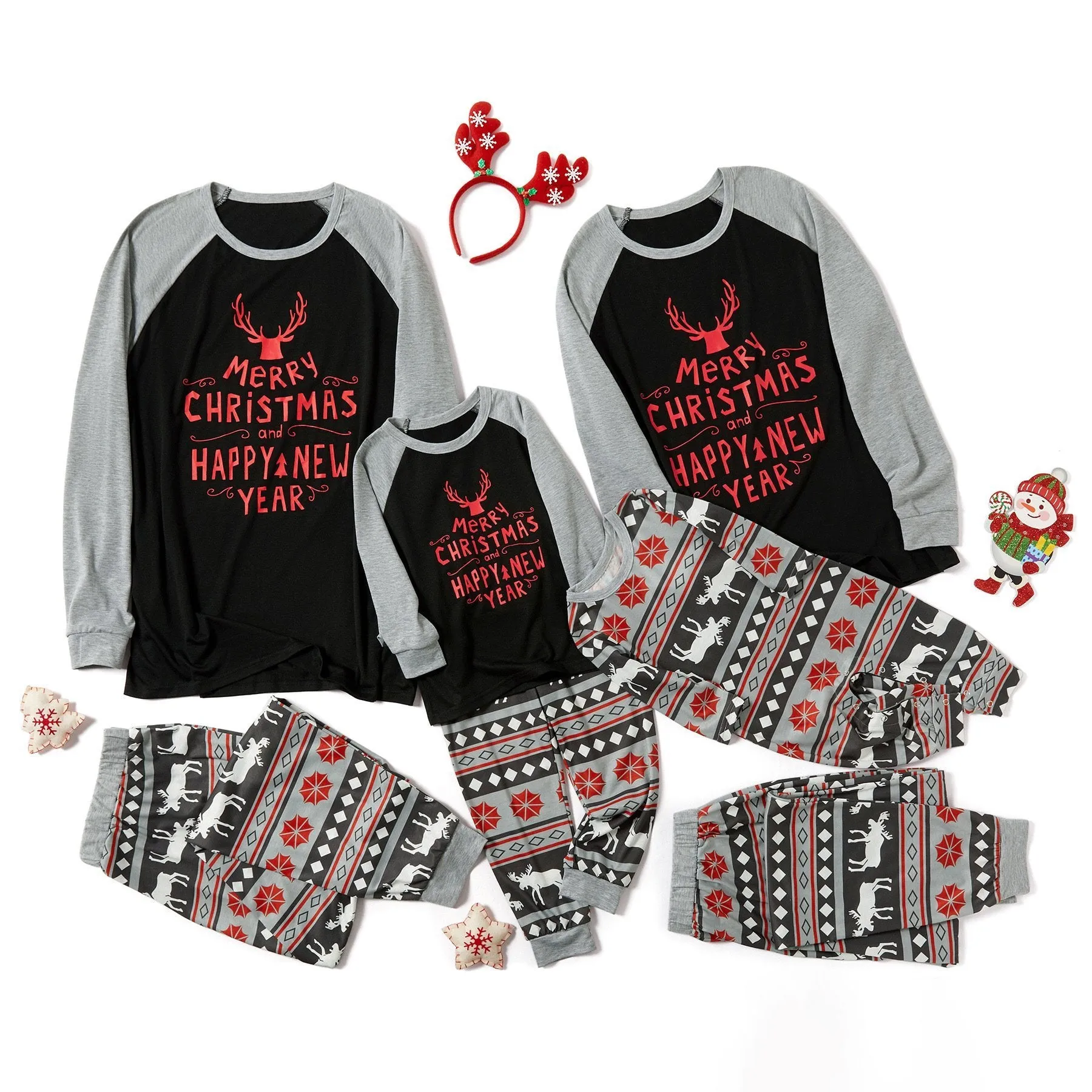 Merry Christmas and Happy New Year Reindeer Print Family Matching Pajamas Set