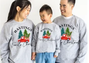 Personalised family matching xmas sweaters sweatshirts jumpers festive - YOUR SURNAME family Christmas truck car trees design