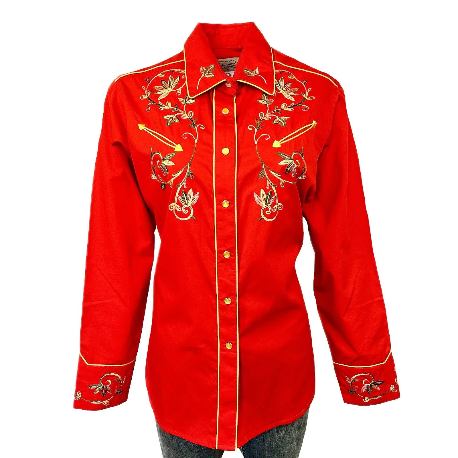 Women's Red Vintage Variegated Floral Embroidery