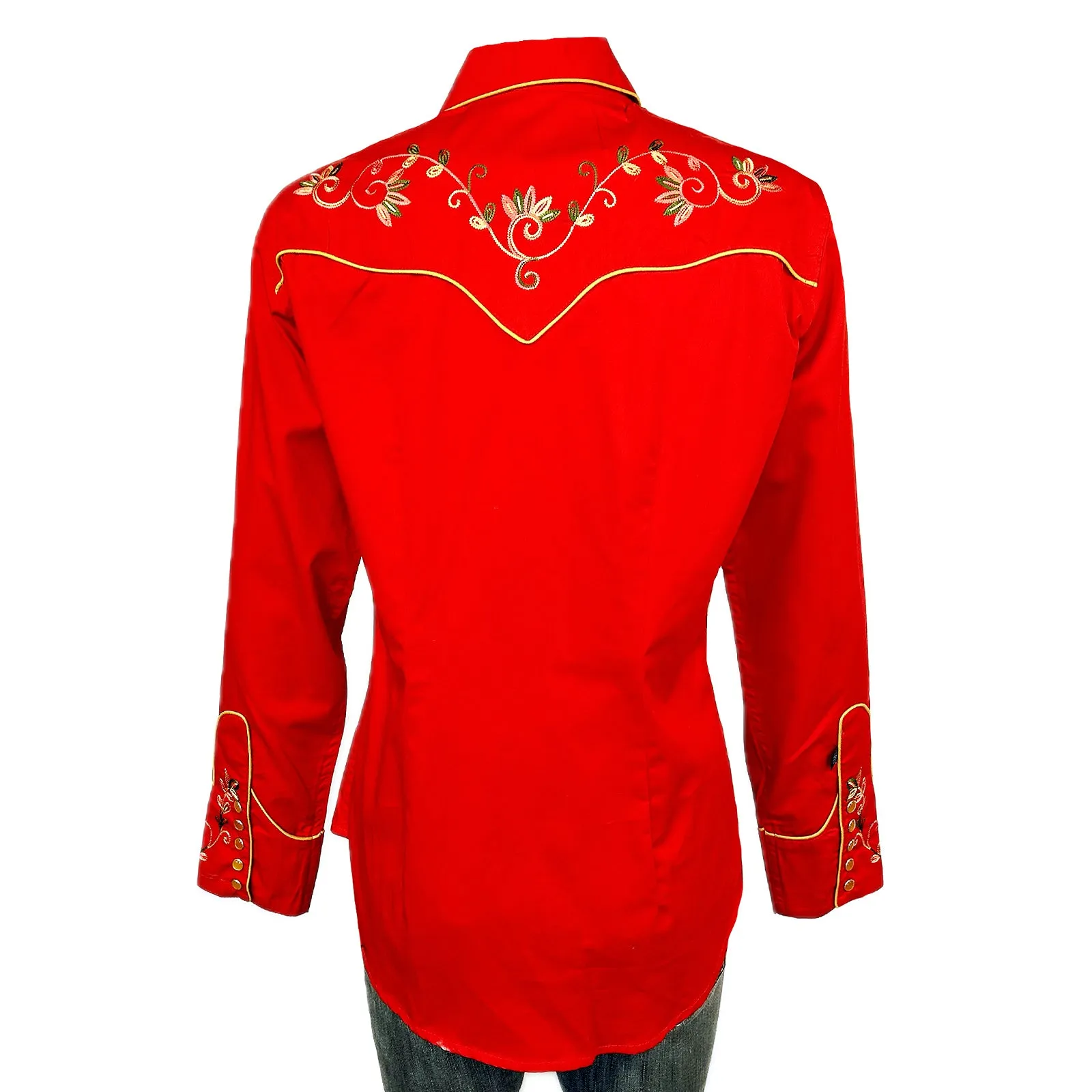 Women's Red Vintage Variegated Floral Embroidery